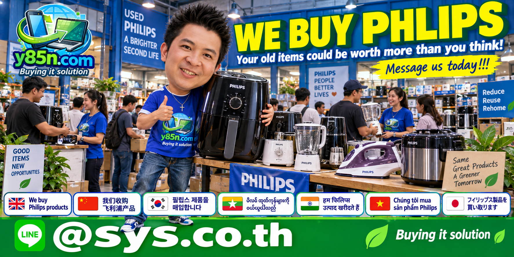 Y85N.com team and customers in a lively Philips buying warehouse