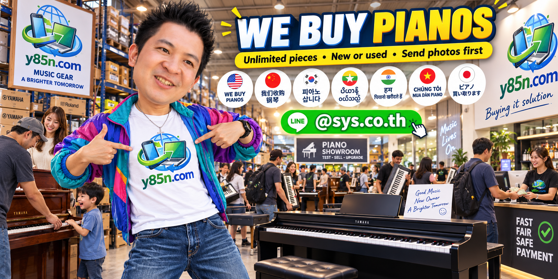 Y85N.com warehouse buying used pianos in Thailand