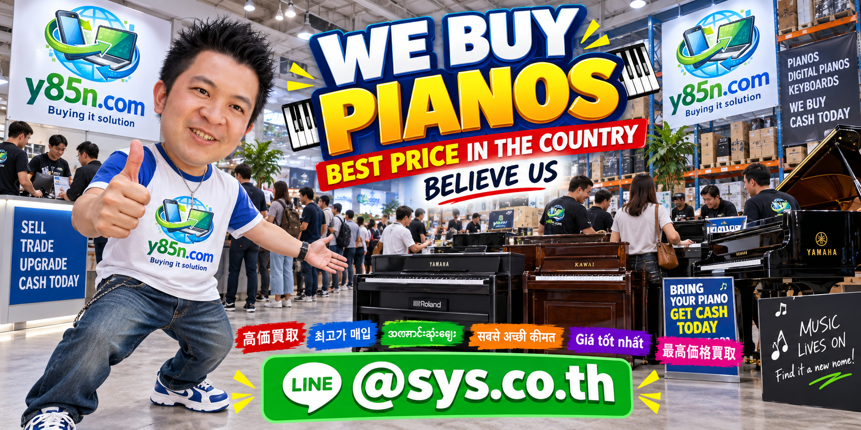 Busy Y85N.com piano buying showroom in Thailand with customers and pianos