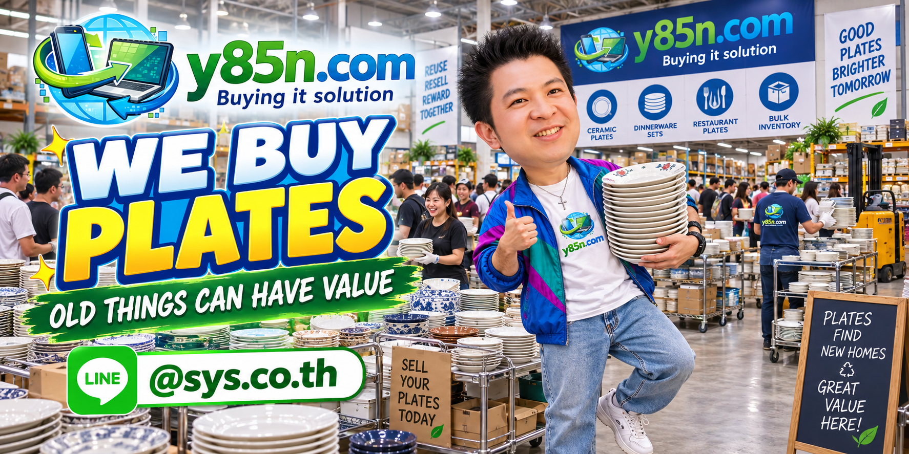 Busy Y85N.com warehouse showing a professional plate buying service in Thailand