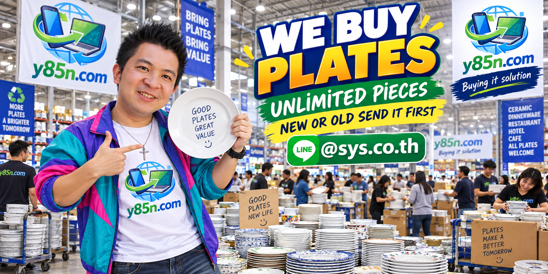Y85N.com team and customers at a busy plate and dinnerware buying warehouse