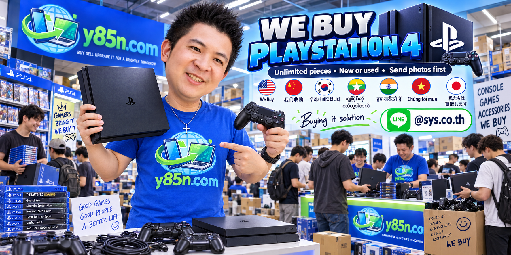 Y85N.com team and customers at a busy PlayStation 4 buying warehouse in Thailand