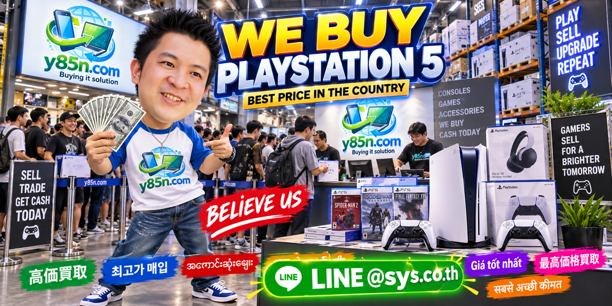 Y85N.com warehouse buying PlayStation 5 consoles with international seller messaging