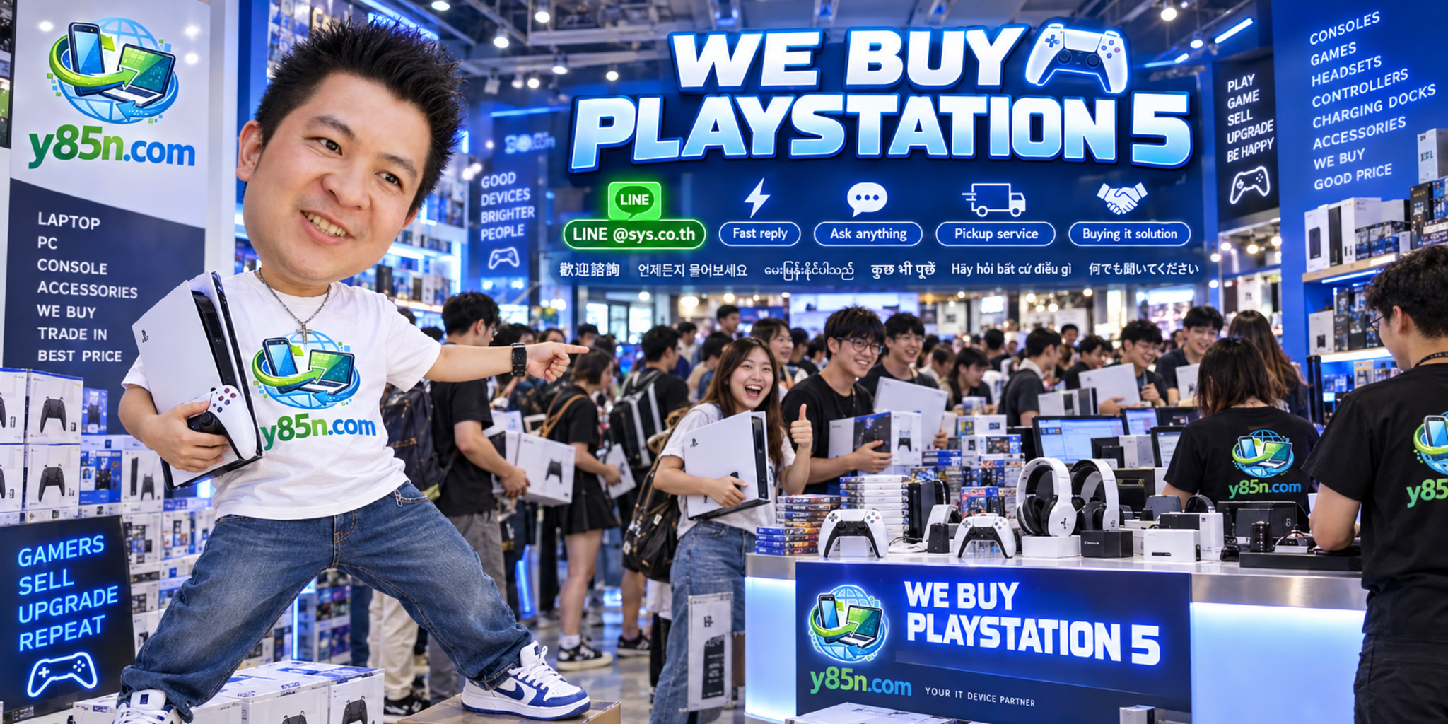 Y85N.com PlayStation 5 buying contact banner with LINE at sys.co.th
