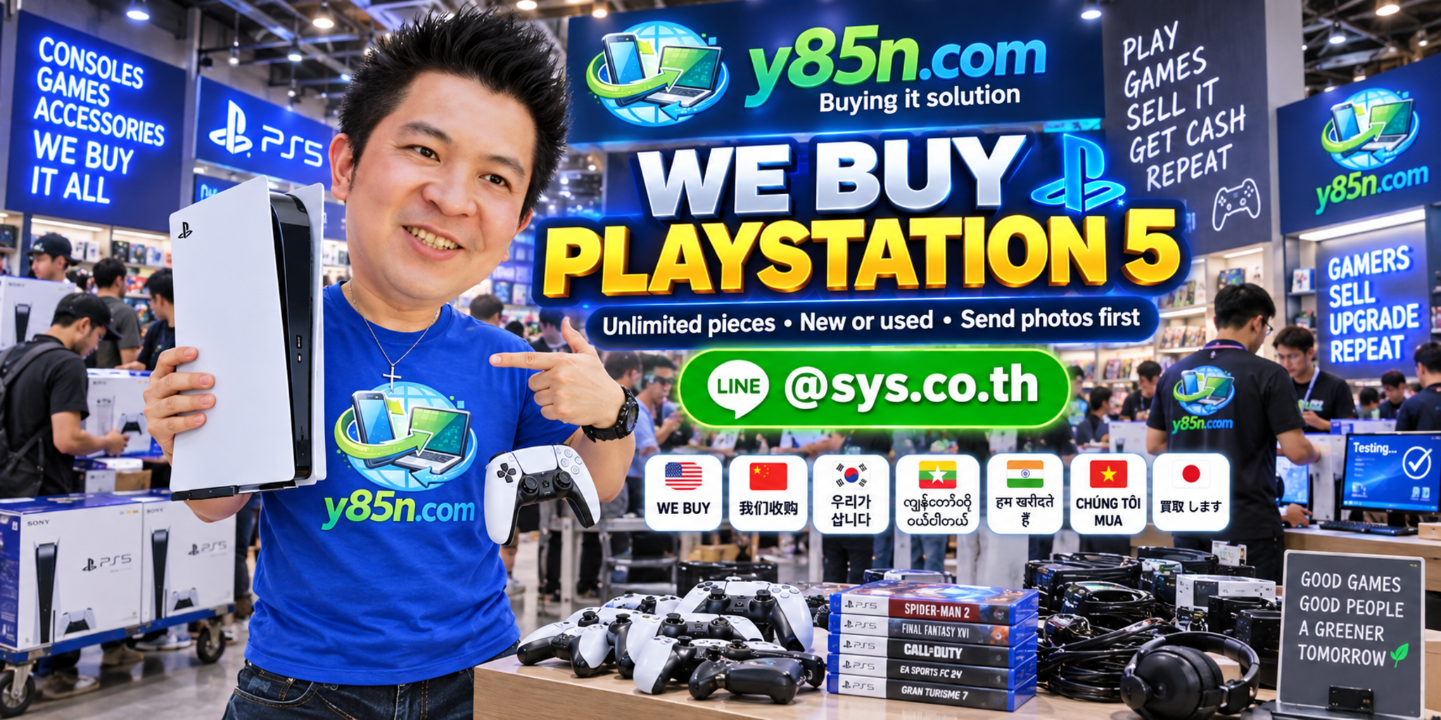 Y85N.com team and customers at a busy PlayStation 5 buying warehouse