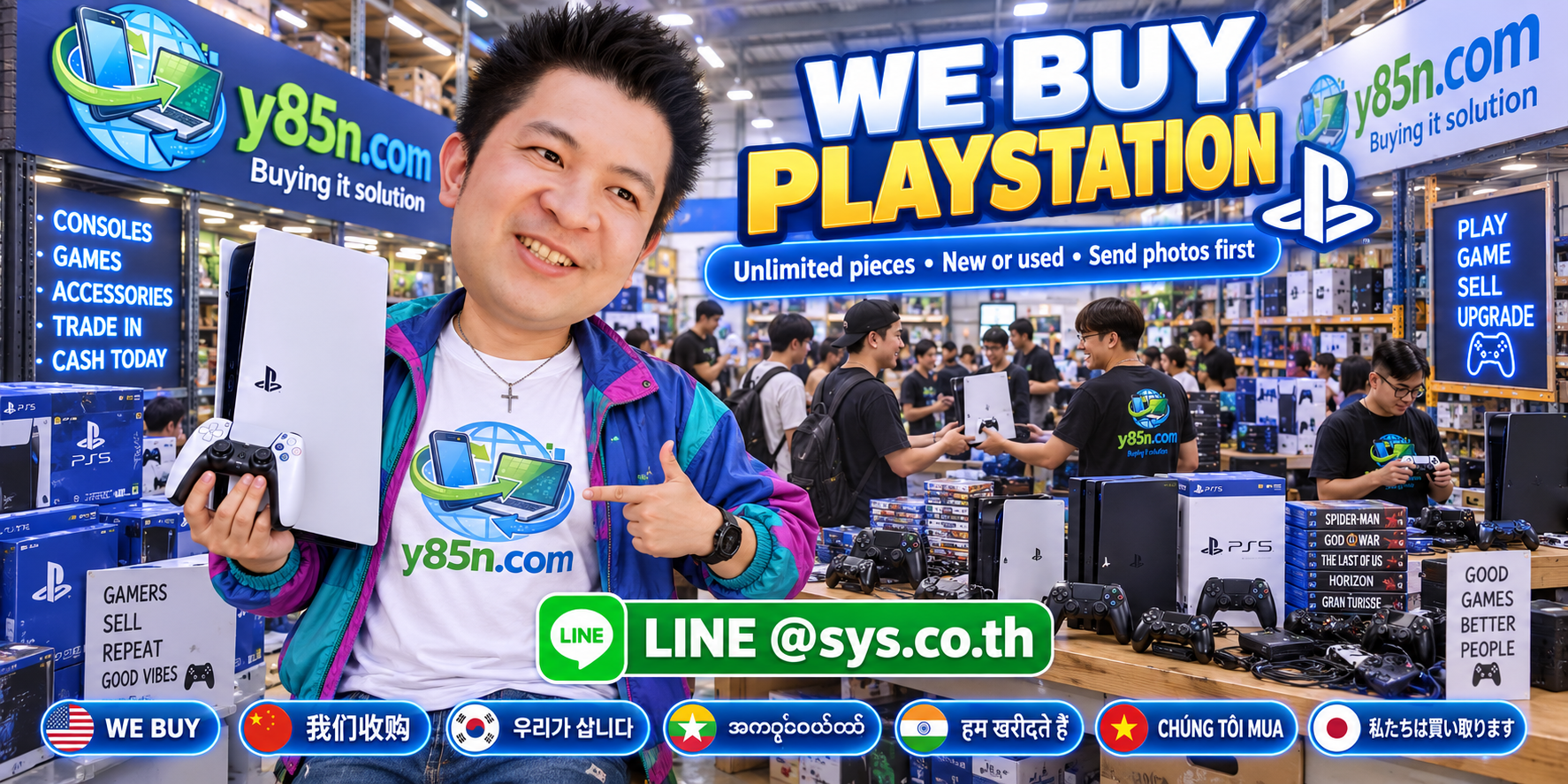 Y85N.com team and customers at a busy PlayStation console buying warehouse in Thailand