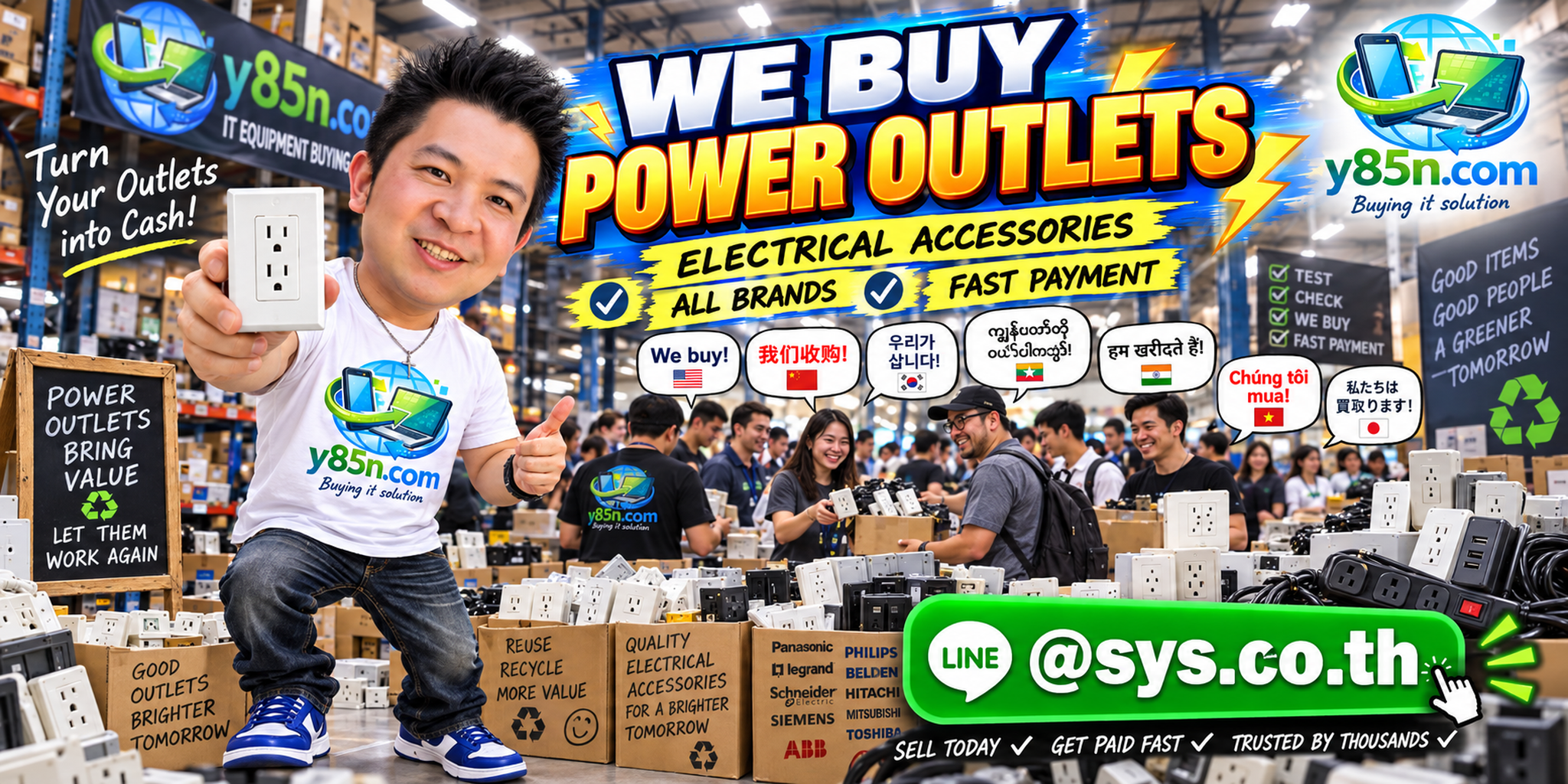Y85N.com warehouse buying used power outlets with international seller messaging