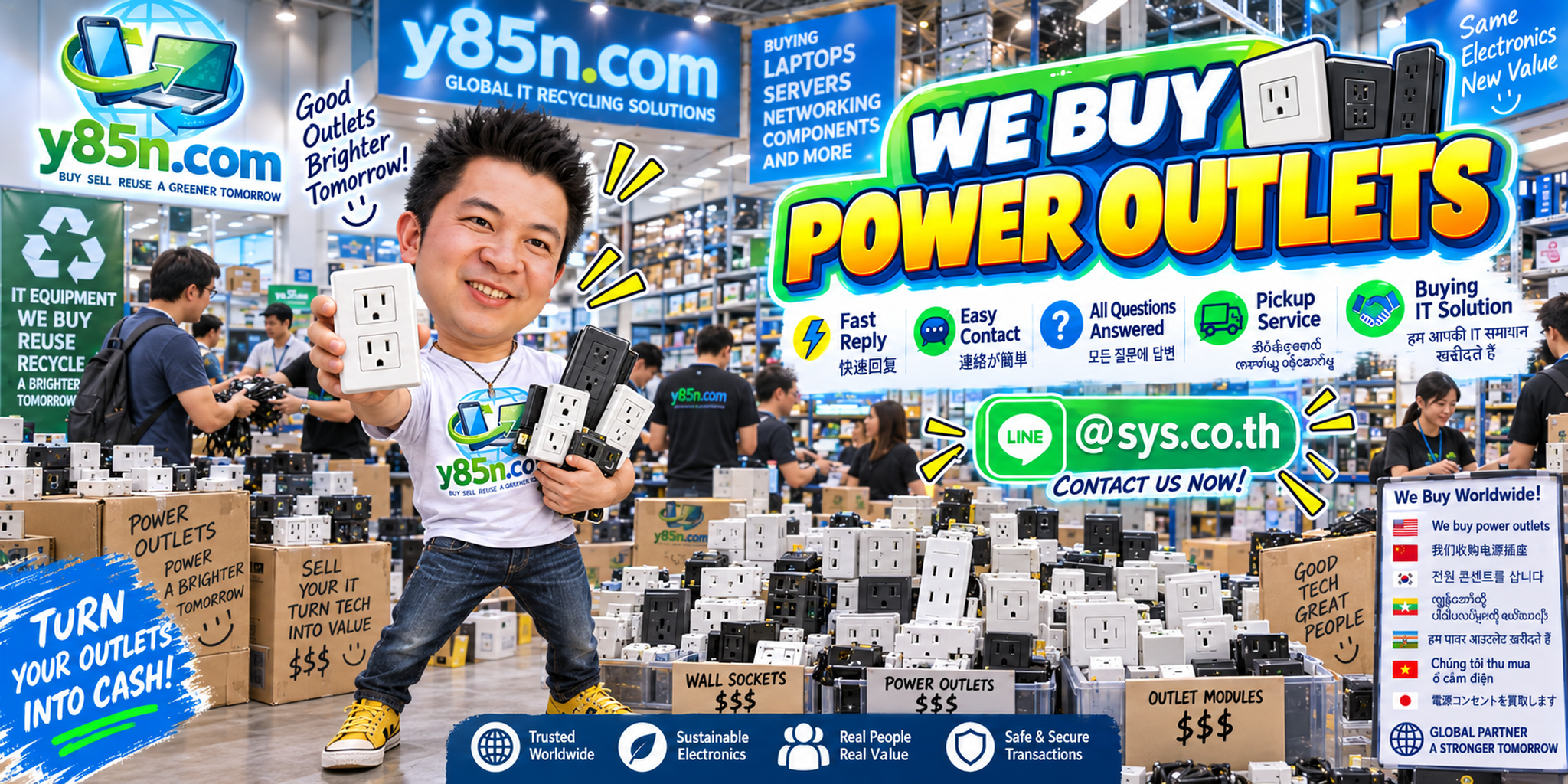 Y85N.com power outlet buying service contact banner with LINE at sys.co.th