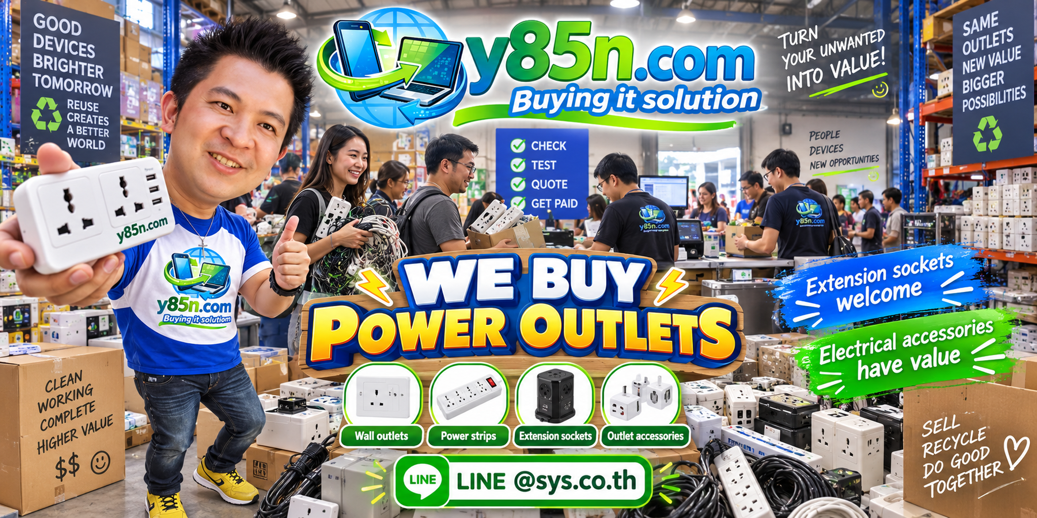 Busy Y85N.com warehouse buying power outlets and electrical accessories in Thailand