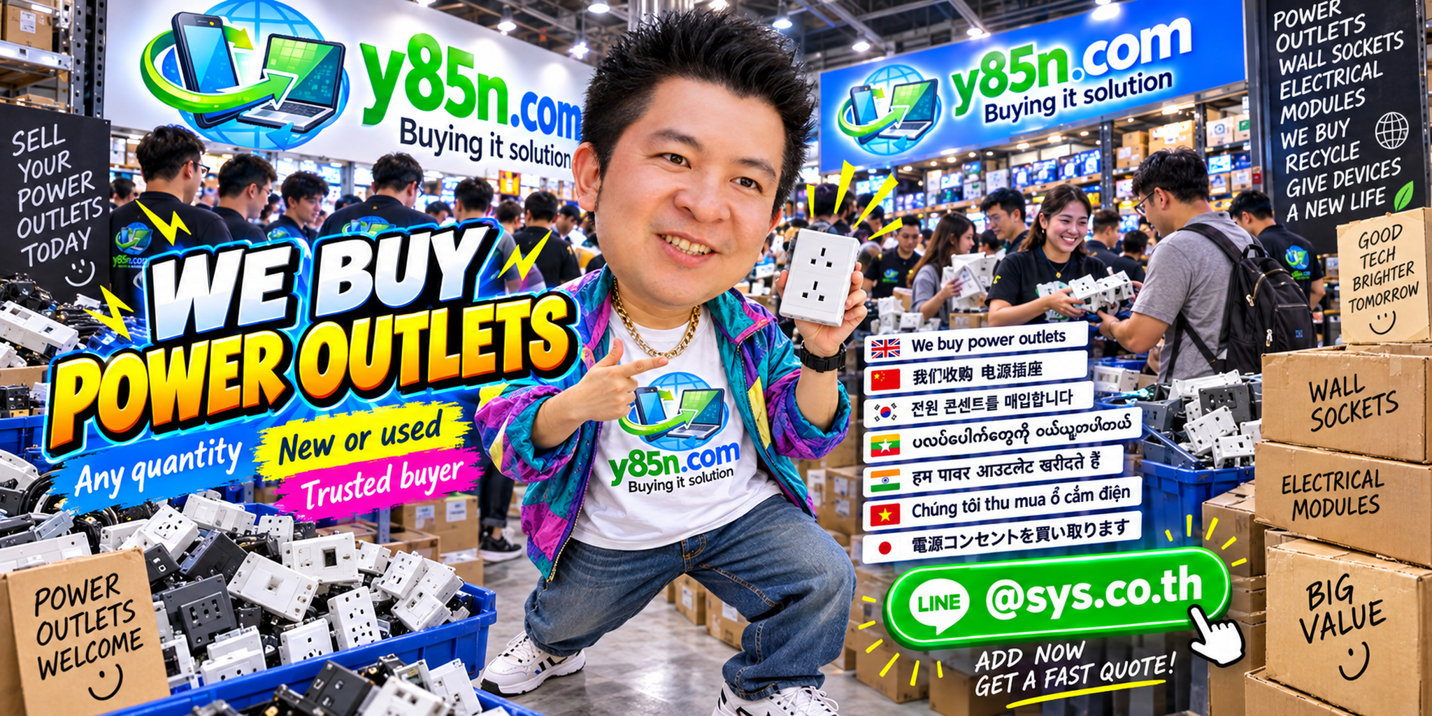 Y85N.com power outlet buying warehouse with customers and electrical outlet inventory