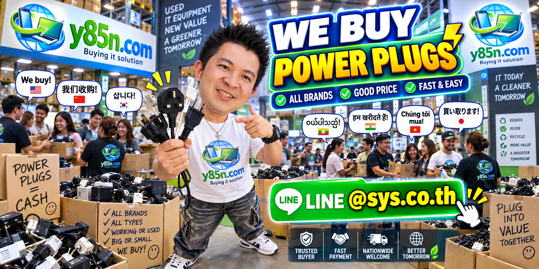 Y85N.com warehouse buying used power plugs with international seller messaging