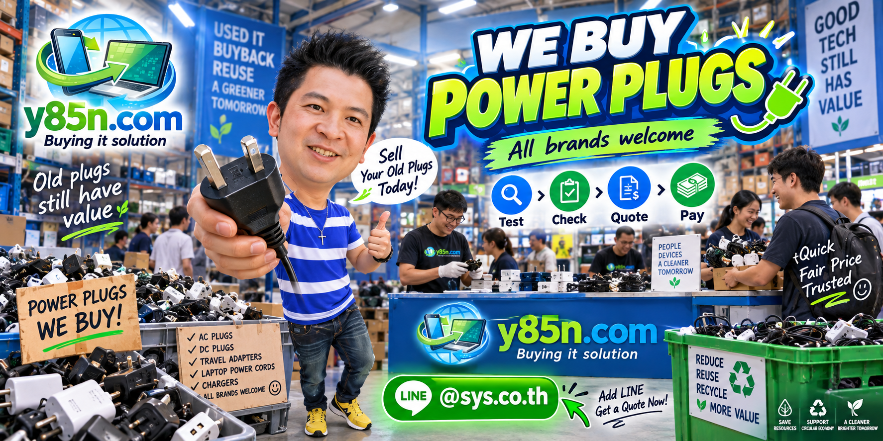Busy Y85N.com warehouse showing power plug buying service in Thailand