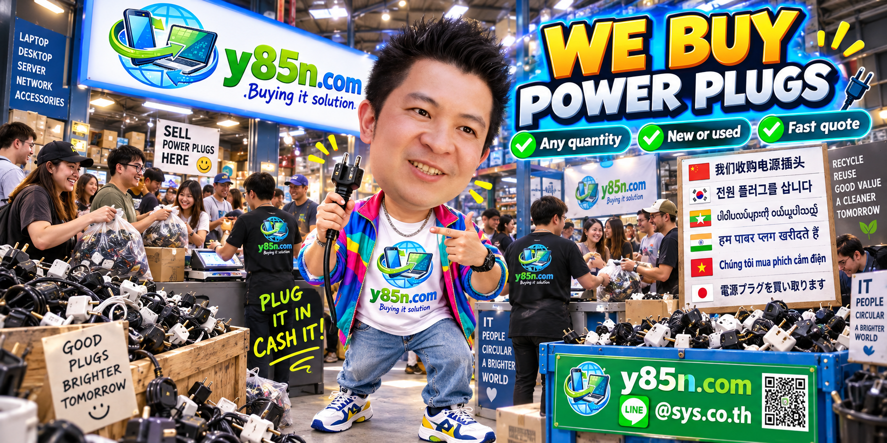 Y85N.com team and customers at a busy warehouse buying used power plugs