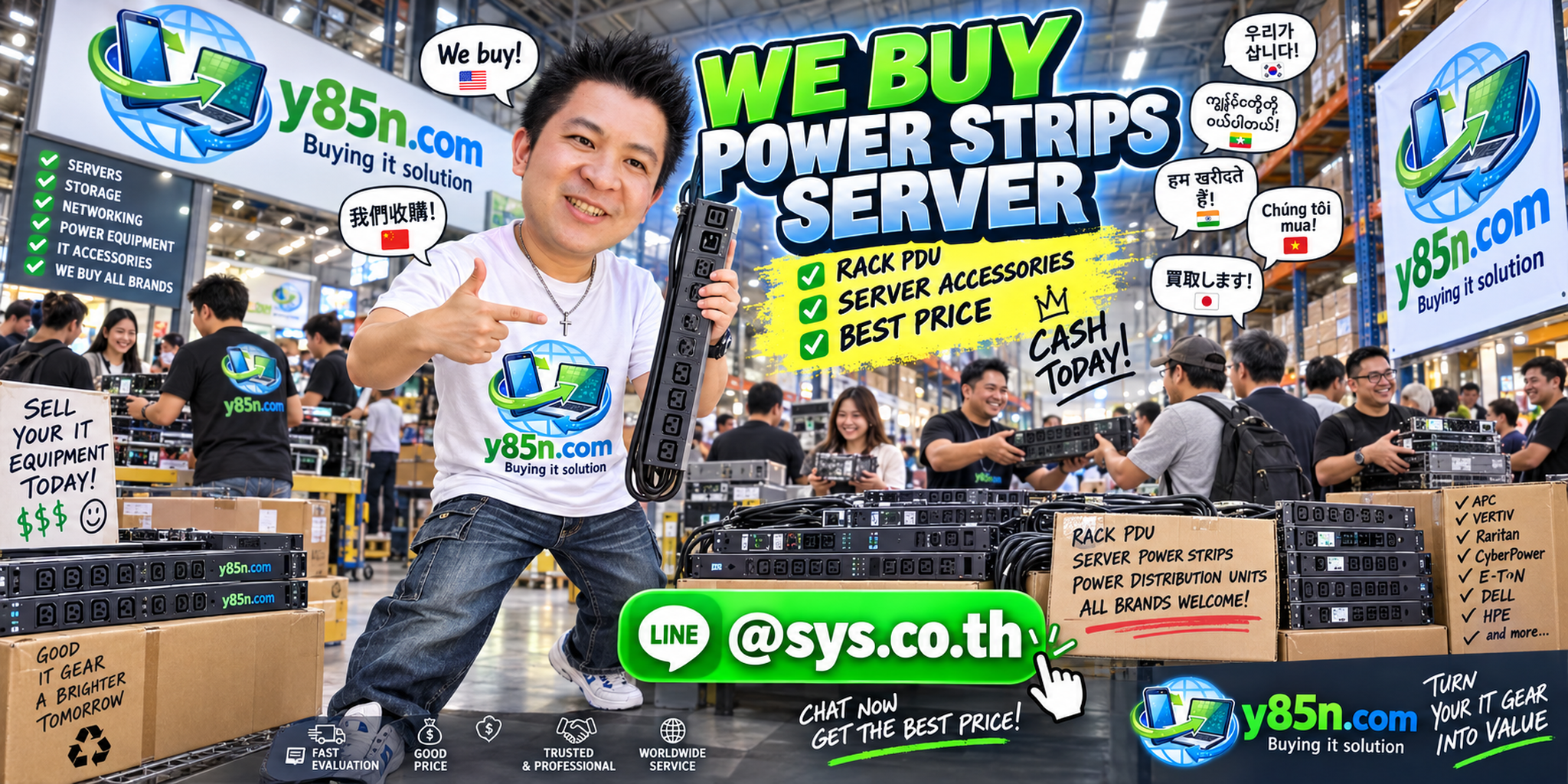 Y85N.com warehouse buying used server power strips and rack PDU equipment with international seller messaging