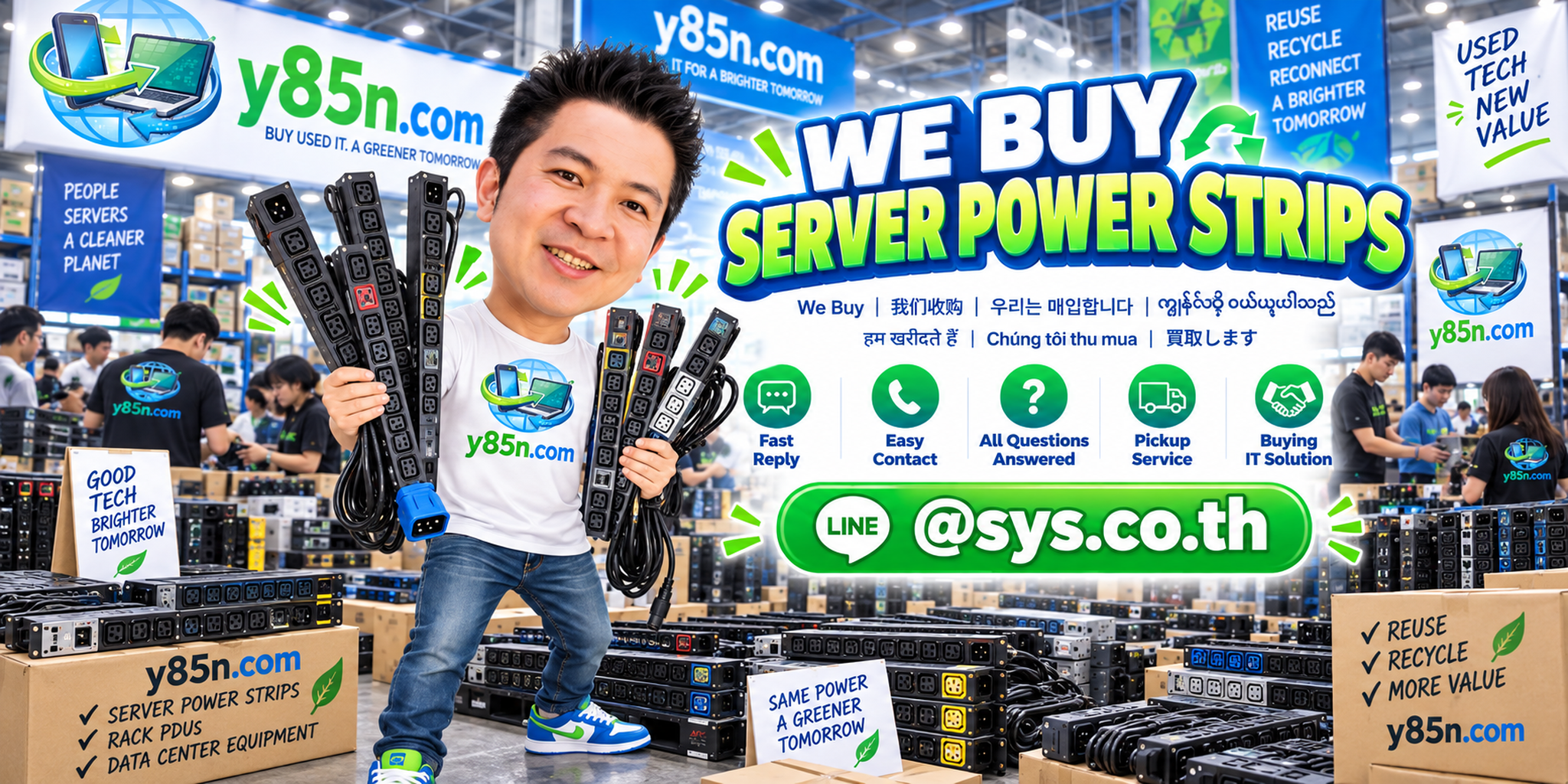 Y85N.com server power strip and rack PDU buying contact banner with LINE at sys.co.th
