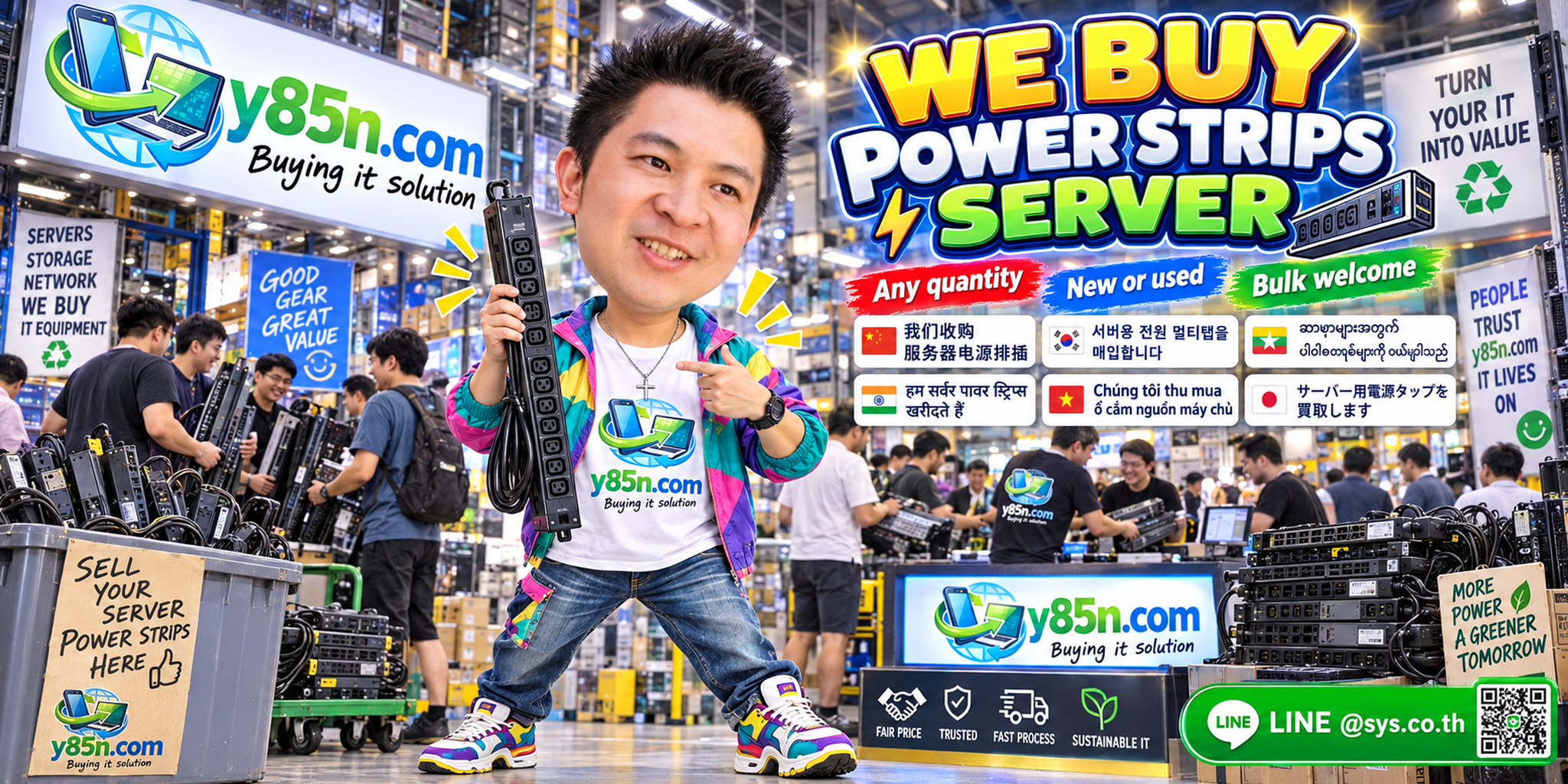 Y85N.com team and customers at a busy warehouse buying server power strips and rack PDU equipment