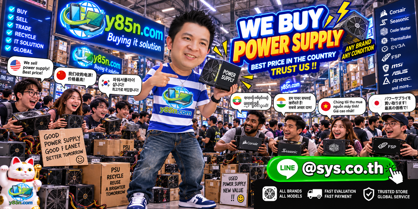 Y85N.com warehouse buying used power supplies with international seller service in Thailand
