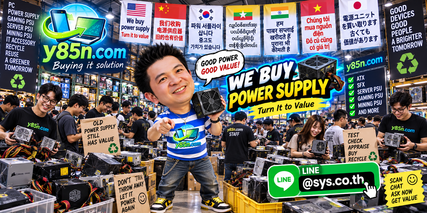 Busy Y85N.com warehouse buying used computer power supplies in Thailand