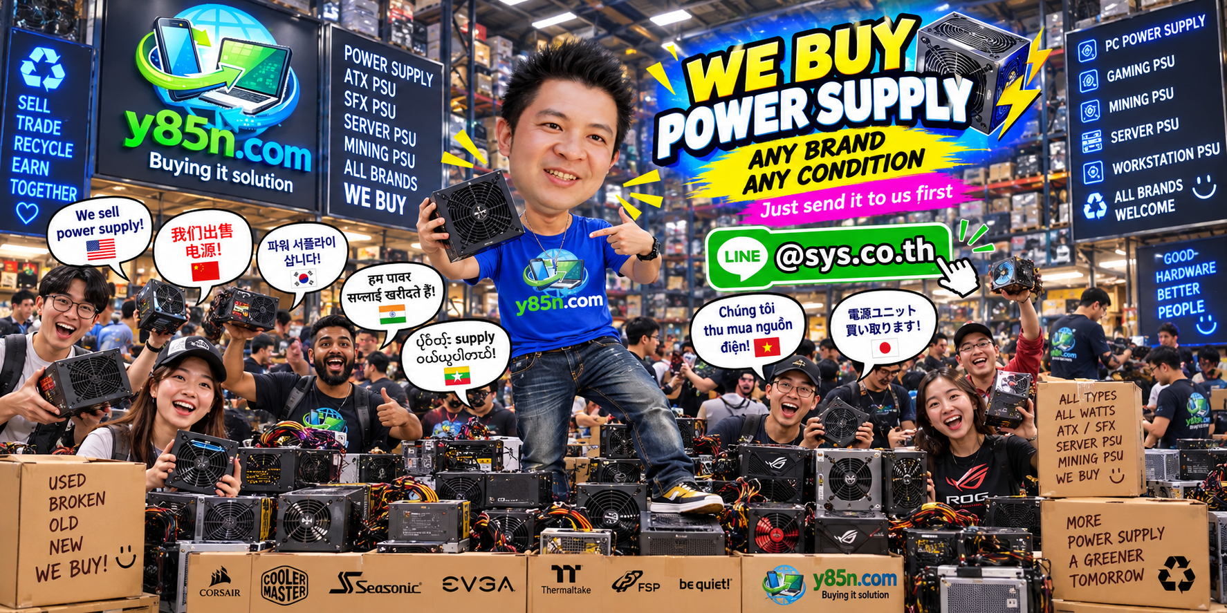 Y85N.com staff and customers at a busy power supply buying warehouse