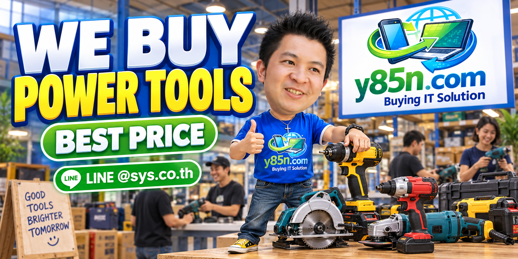 Y85N.com warehouse buying used and bulk power tools with international seller messaging