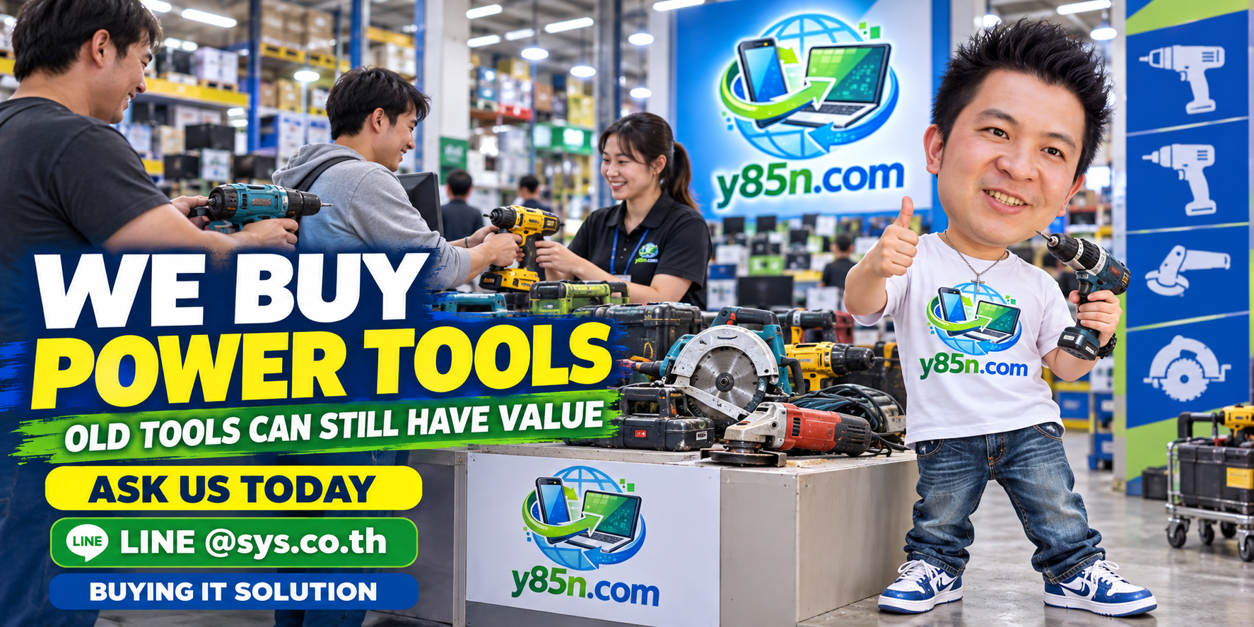 Busy Y85N.com warehouse showing a power tools buying service in Thailand