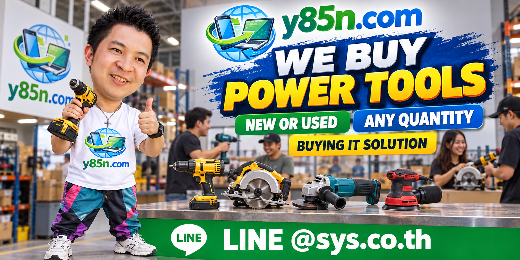 Y85N.com team and customers at a busy power tools buying warehouse in Thailand