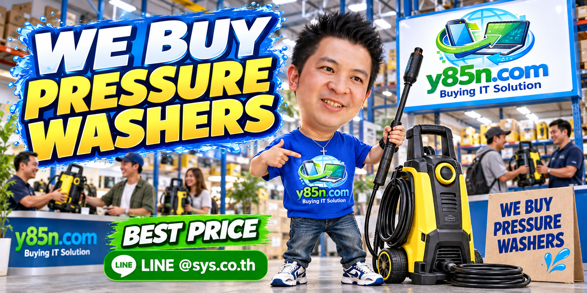 Y85N.com warehouse buying used pressure washers with international seller messaging