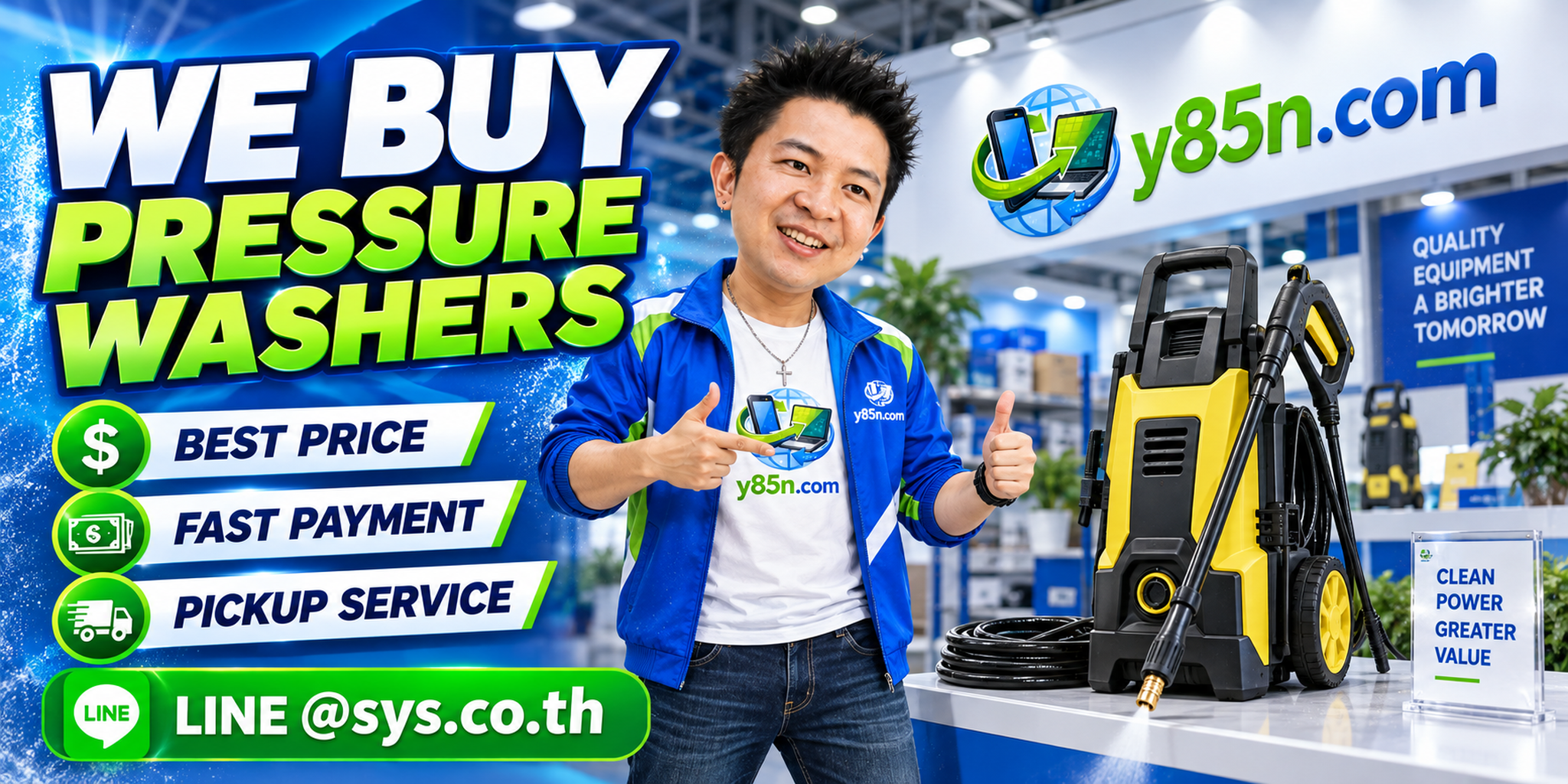 Y85N.com pressure washer buying contact banner with LINE at sys.co.th