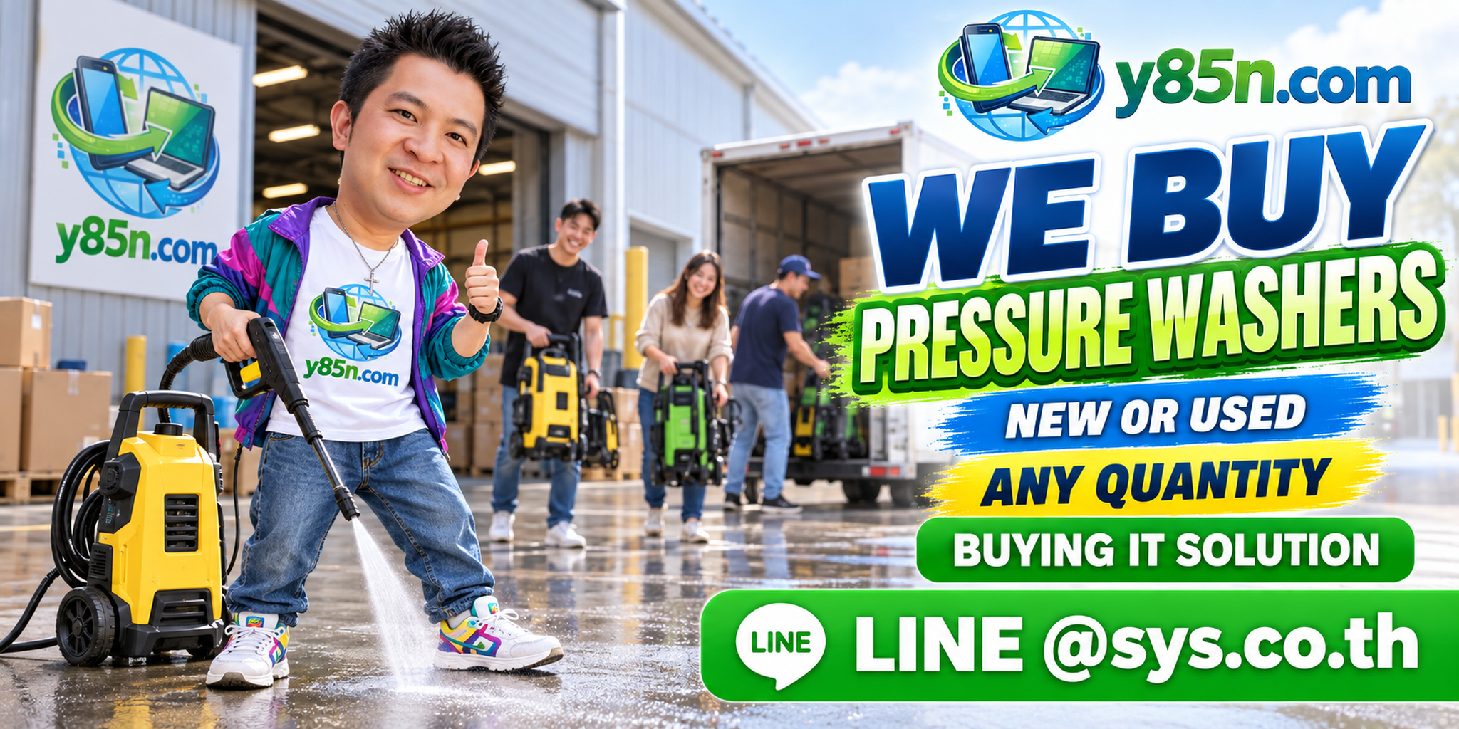 Y85N.com team and customers at a busy warehouse buying used pressure washers