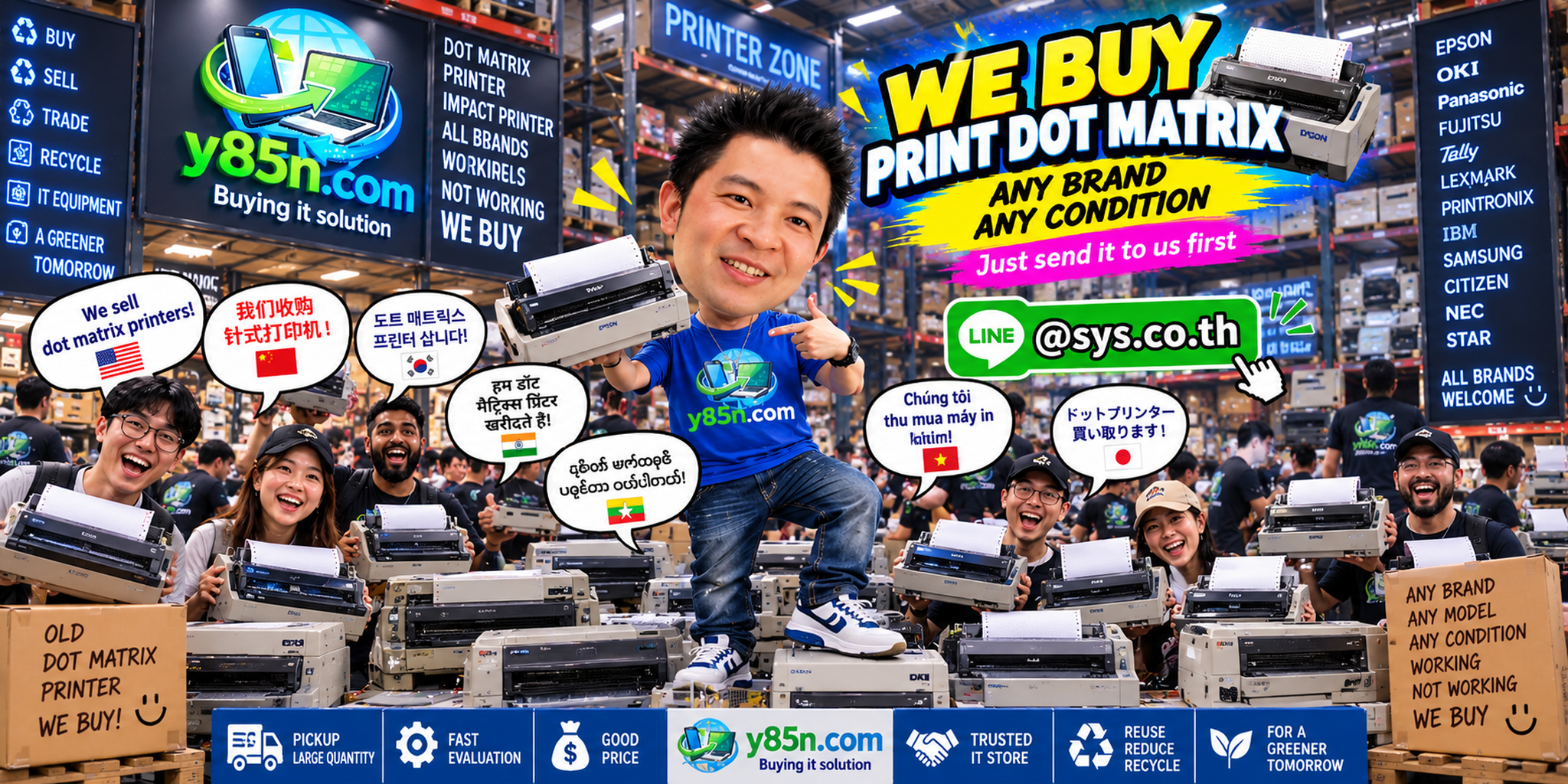 Y85N.com team and customers in a busy dot matrix printer buying warehouse