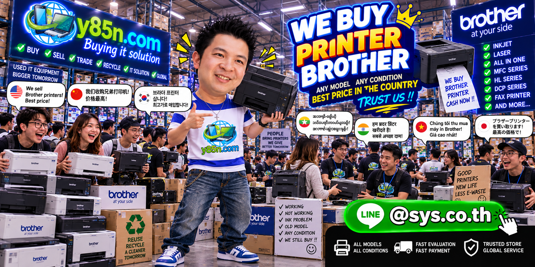 Y85N.com warehouse buying used Brother printers with international seller support
