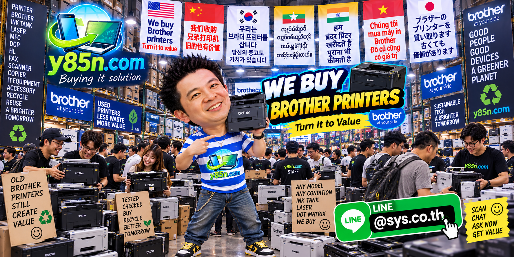 Busy Y85N.com warehouse buying used Brother printers in Thailand