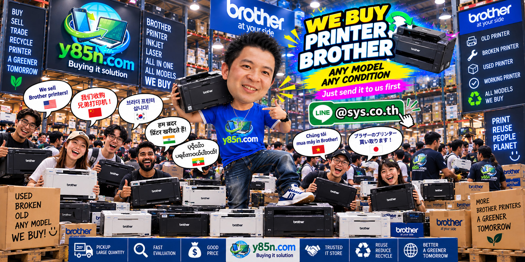 Y85N.com team and customers in a busy warehouse buying used Brother printers