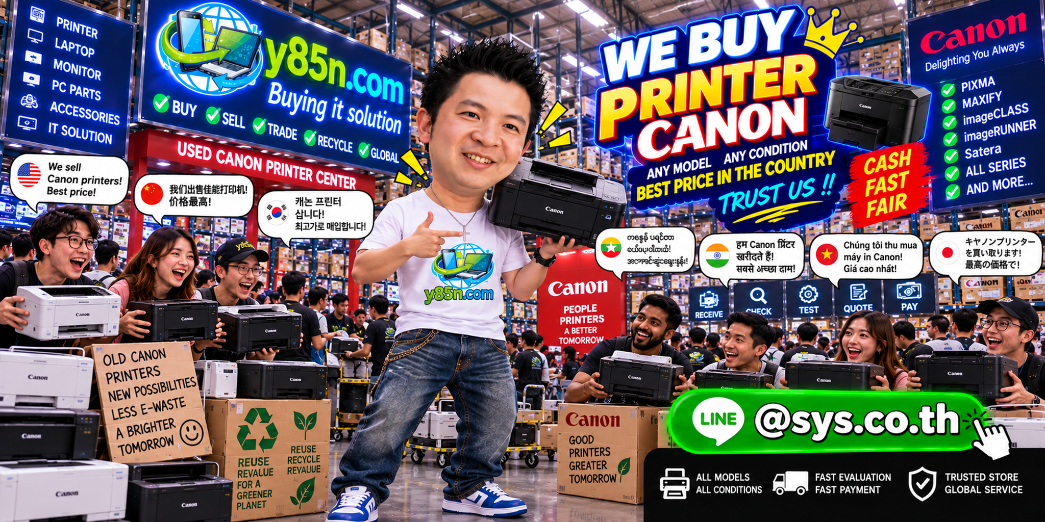 Y85N.com warehouse buying used Canon printers with international seller support in Thailand