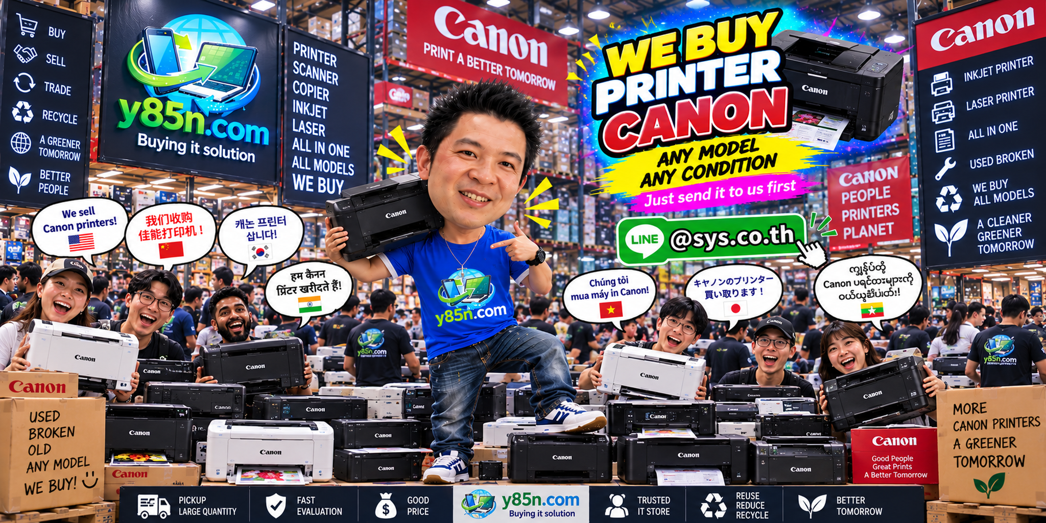 Y85N.com team and customers at a busy Canon printer buying warehouse in Thailand
