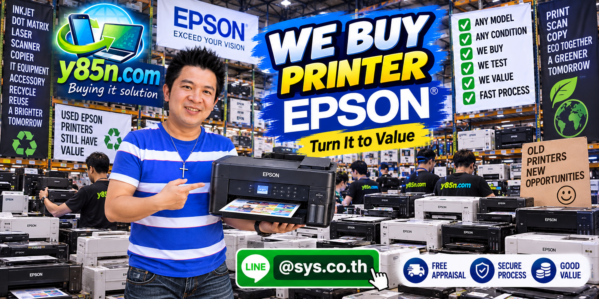 Busy Y85N.com printer warehouse showing Epson printer buying service in Thailand
