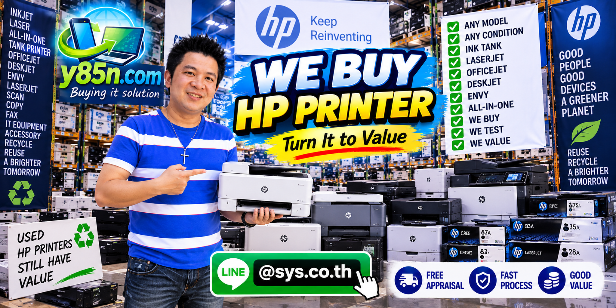 Busy Y85N.com warehouse buying used HP printers in Thailand
