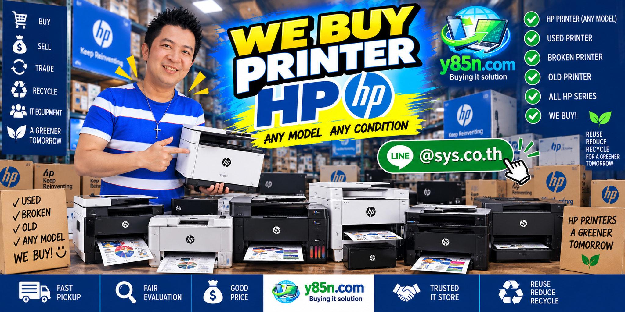 Y85N.com team and customers in a busy warehouse buying HP printers