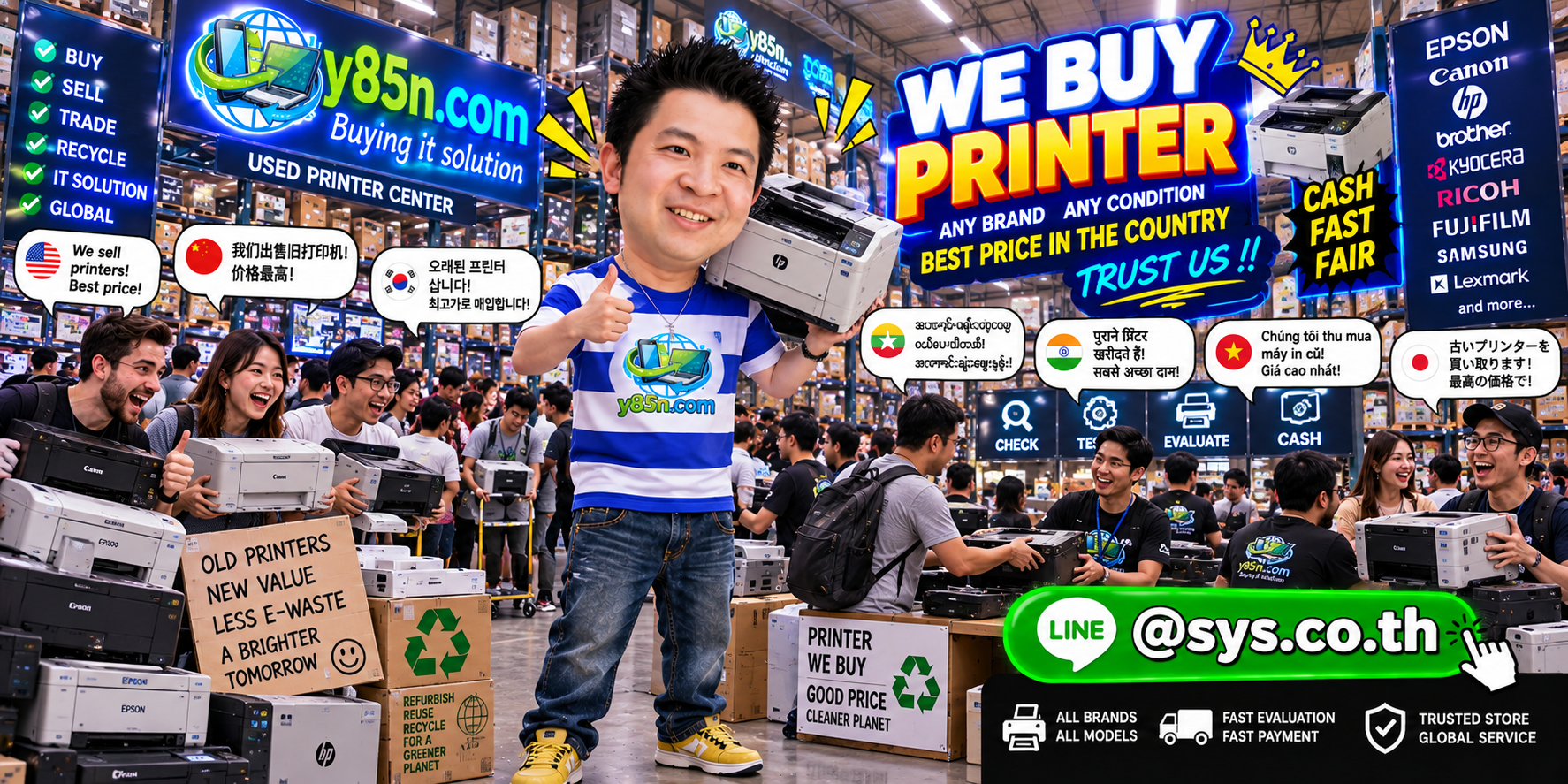 Y85N.com warehouse buying used printers with international seller messaging