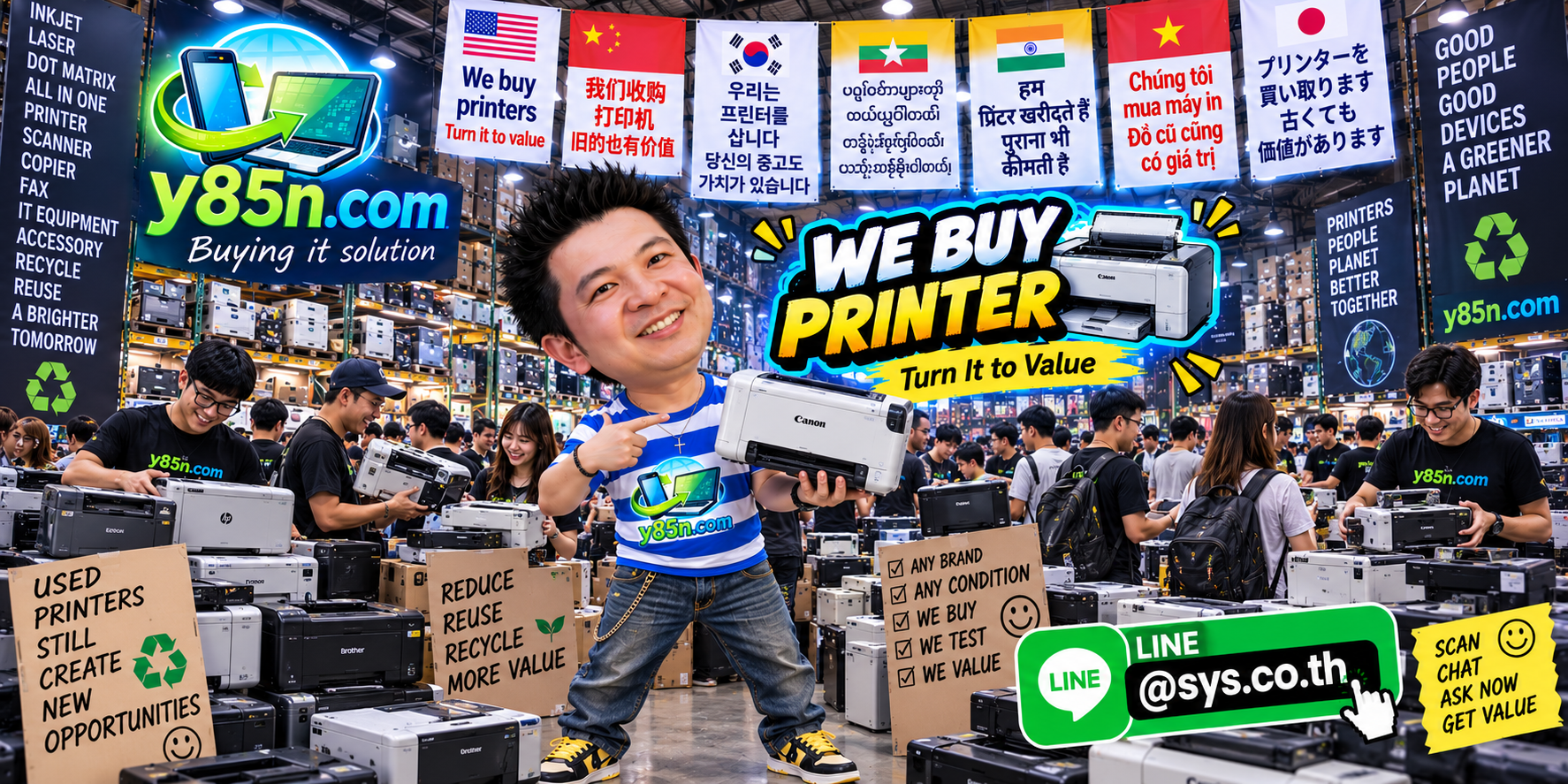 Busy Y85N.com printer buying warehouse serving used and bulk printer sellers in Thailand
