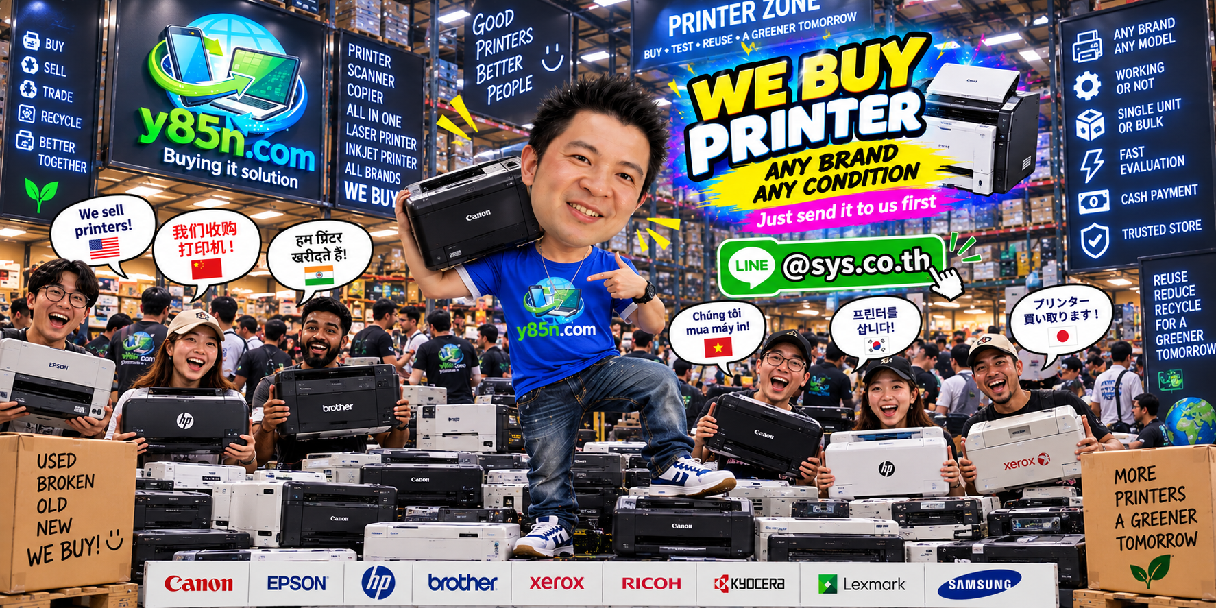 Y85N.com team and customers at a busy used printer buying warehouse in Thailand
