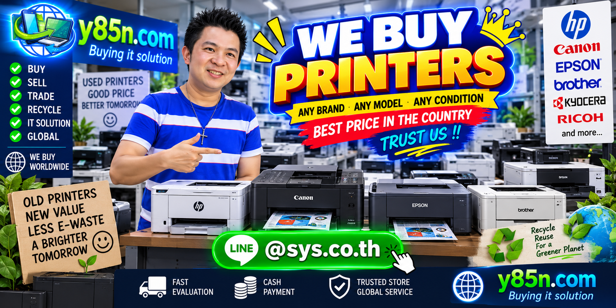 Y85N.com warehouse buying used printers with international seller messaging