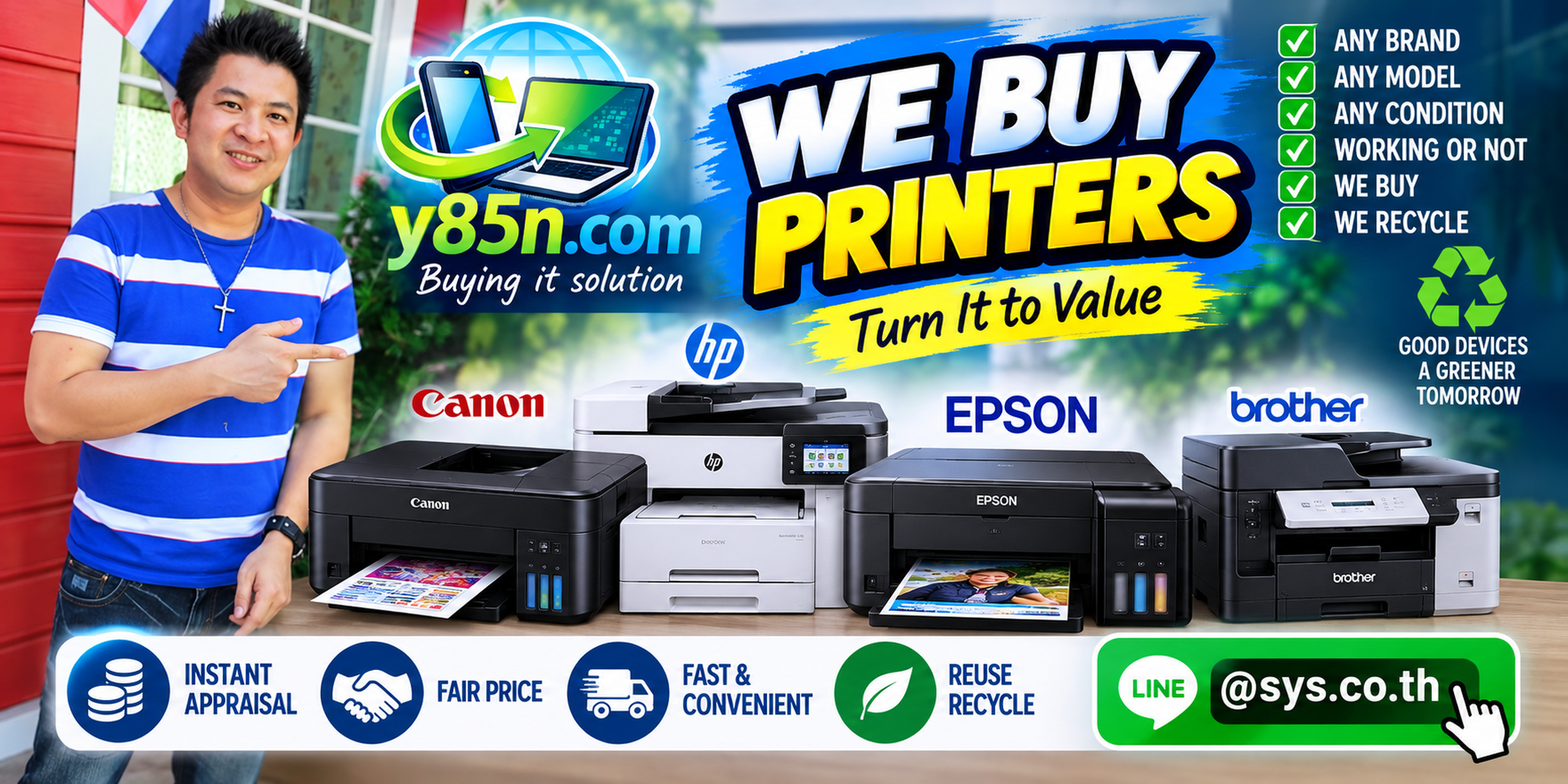 Y85N.com printer buying service with used printers and English contact support in Thailand