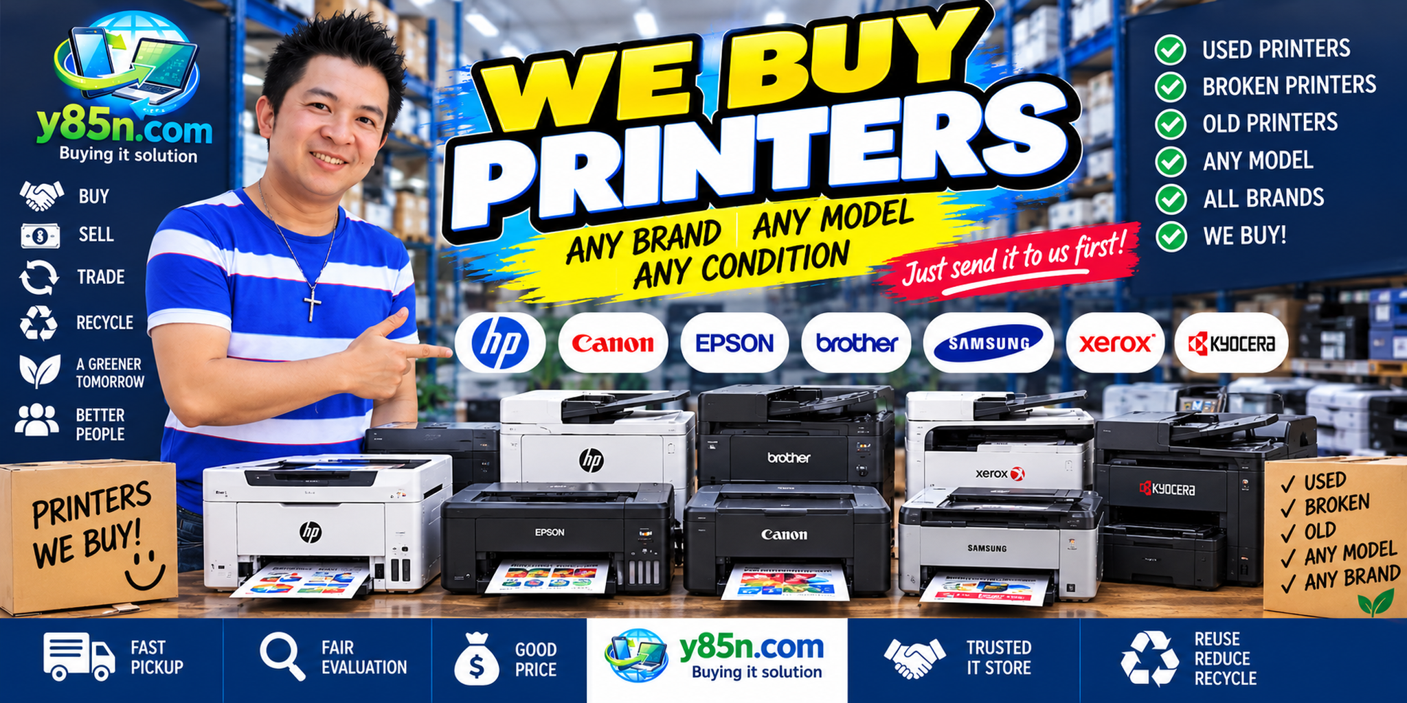 Y85N.com printer buying warehouse with customers and used printers