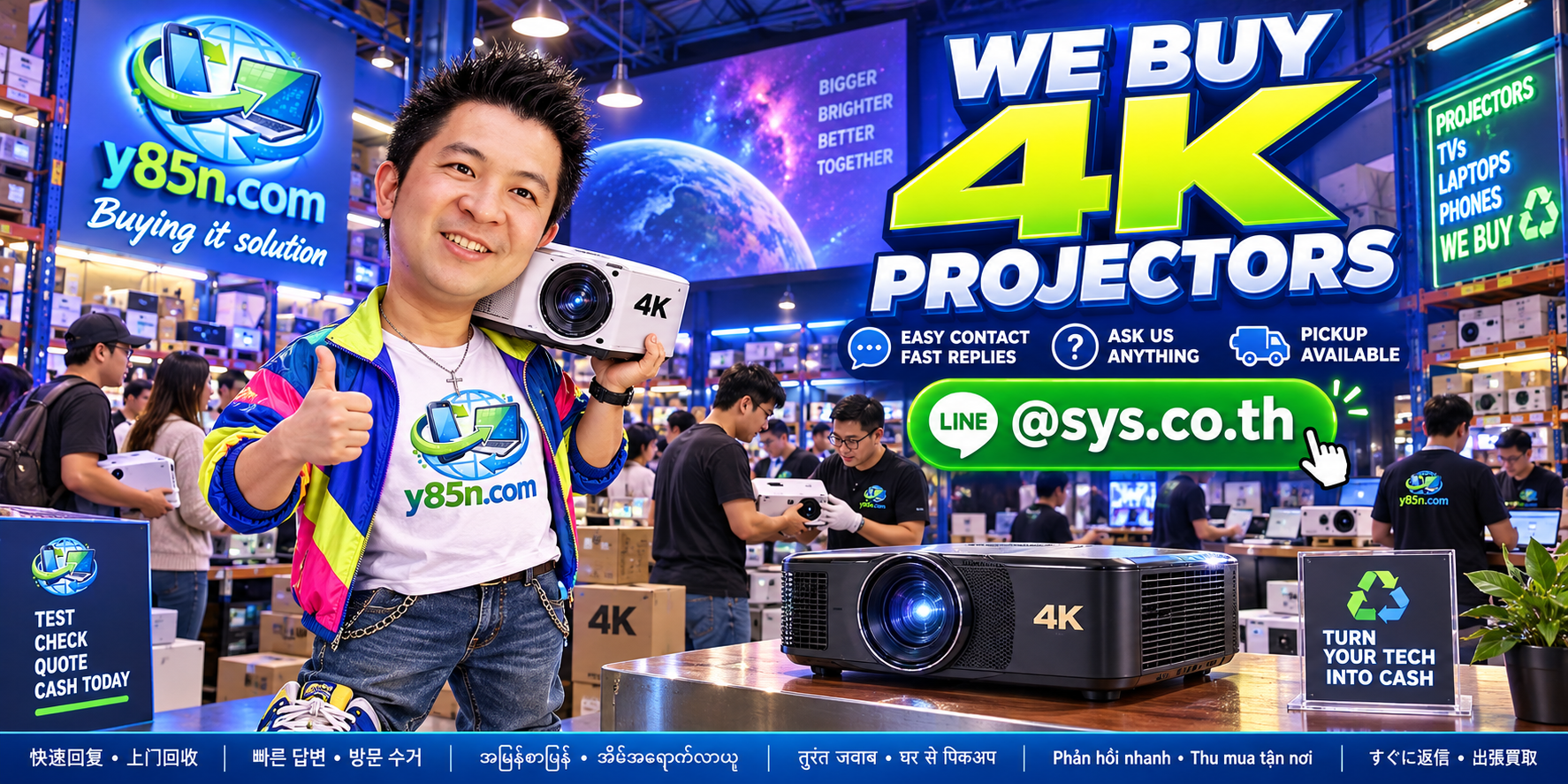 Y85N.com 4K projector buying service contact banner with LINE at sys.co.th