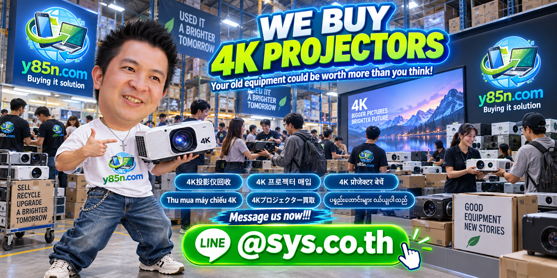 Y85N.com team and customers at a busy warehouse buying 4K projectors