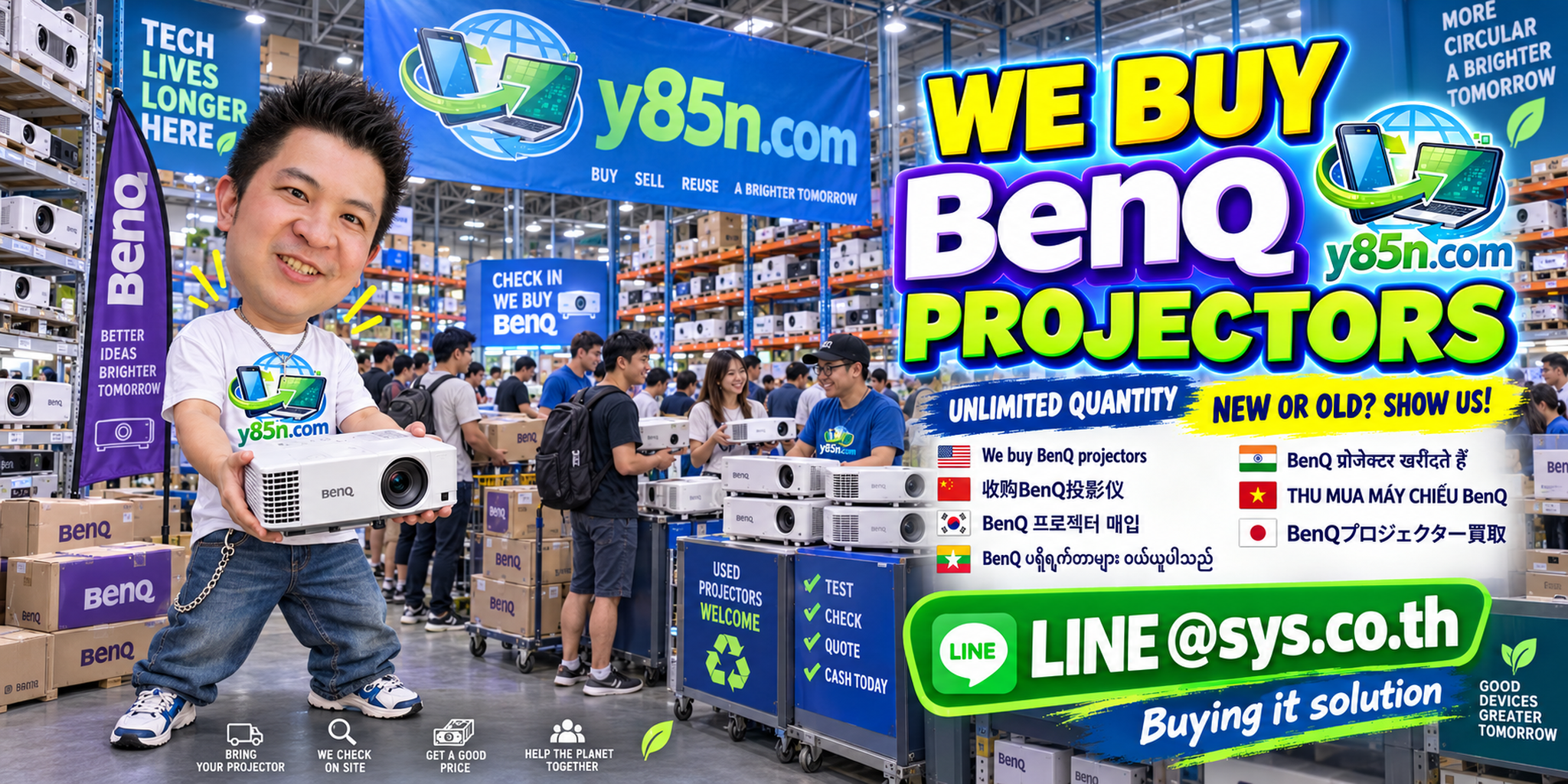 Y85N.com warehouse buying used BenQ projectors from local and international sellers in Thailand