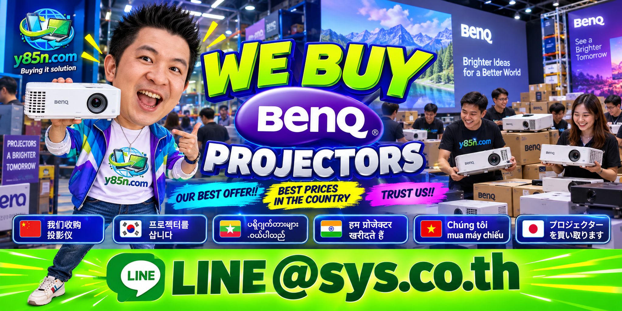 Busy Y85N.com warehouse buying used and bulk BenQ projectors in Thailand