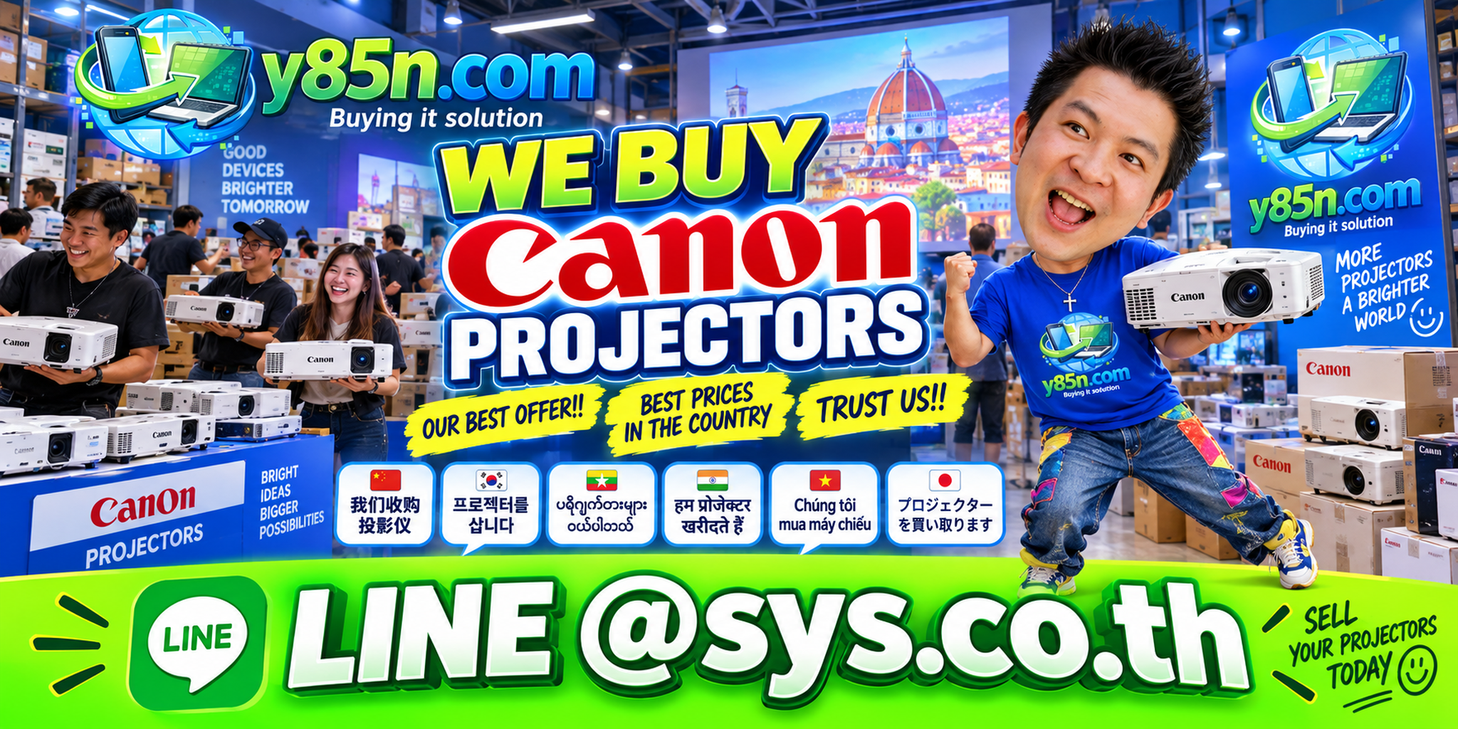 Busy Y85N.com IT warehouse buying used Canon projectors in Thailand