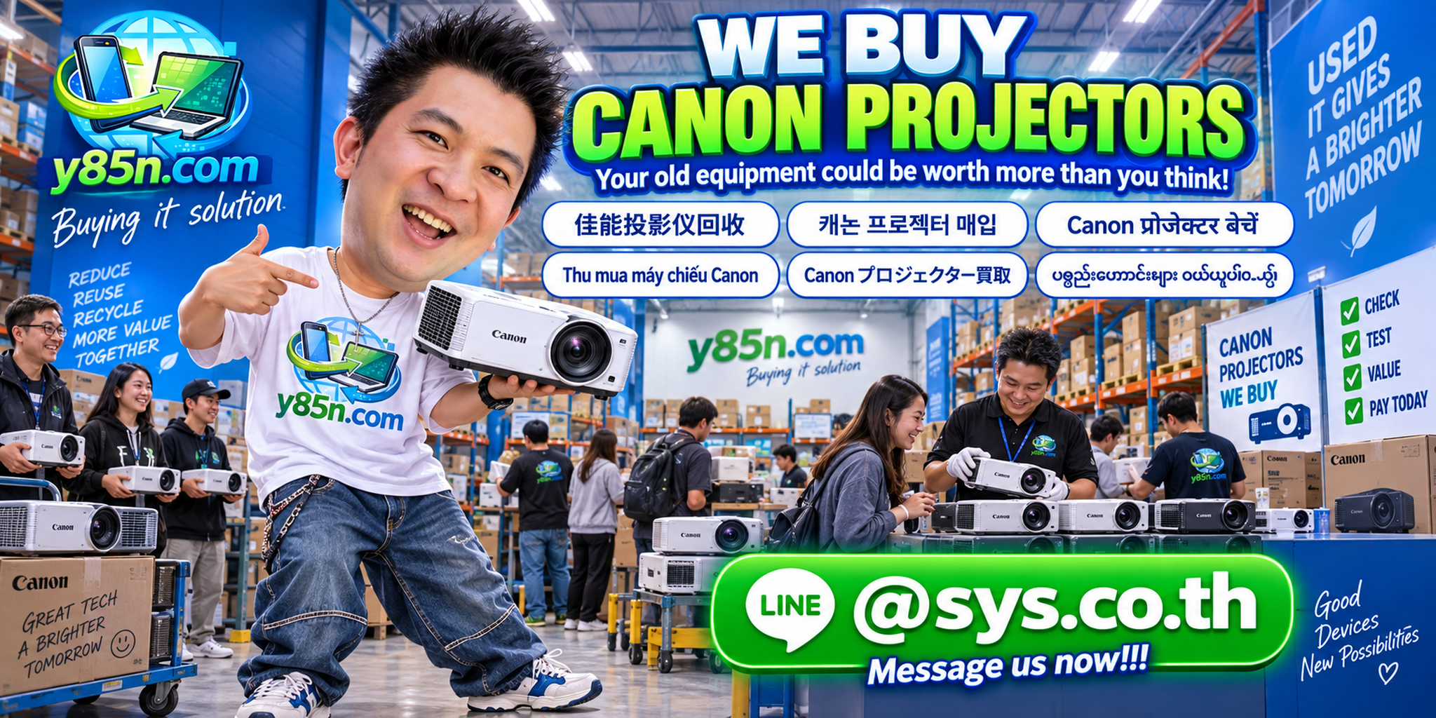 Busy Y85N.com warehouse evaluating used Canon projectors from multiple sellers